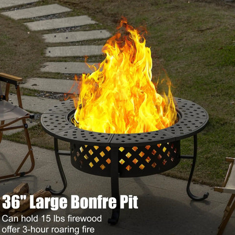 36 Inch Outdoor Fire Pit Table With Lid And Poker, Includes Two Grills For Backyard BBQ, Wood Burning Round Metal Patio Fire Pit 3 In 1 For Patio Picnic And Party
