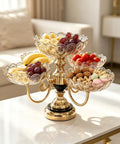 Smooth Spin Five Plate Amber Glass Serving Stand With Four Swivel Bowls And One Center Platter Gold Plated Bracket Black Crystal Details Quick Party Prep Head Turning Dessert Tray Decor with fruits and nuts.