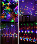 12 Star Multicolor Curtain Lights With 138 LEDs Eight Point Two Ft Connectable Window String Lights Remote Control Plug In 8 Modes No Fuss Setup Brightness And Timer Perfect Indoor Outdoor Holiday Decor For Christmas Ramadan Bedroom hanging in various settings.