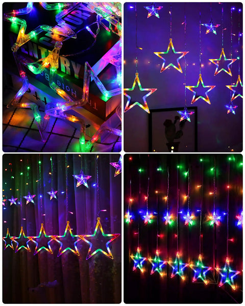 12 Star Multicolor Curtain Lights With 138 LEDs Eight Point Two Ft Connectable Window String Lights Remote Control Plug In 8 Modes No Fuss Setup Brightness And Timer Perfect Indoor Outdoor Holiday Decor For Christmas Ramadan Bedroom hanging in various settings.