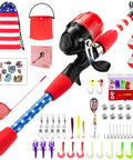 Kids Telescopic Fishing Pole Set With Spincast Reel Net Bucket Tackle Box And Travel Bag Patriotic American Flag Theme