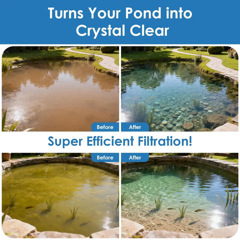All In One Pond Fountain Kit With 3 Spray Heads And 400 GPH Pump, 4 Stage Filtration For 200 To 350 Gallon Ponds before and after filtration