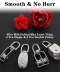 4 Pack M20 Lifting Single Pulley Block With 304 Stainless Steel Construction displayed with red flowers
