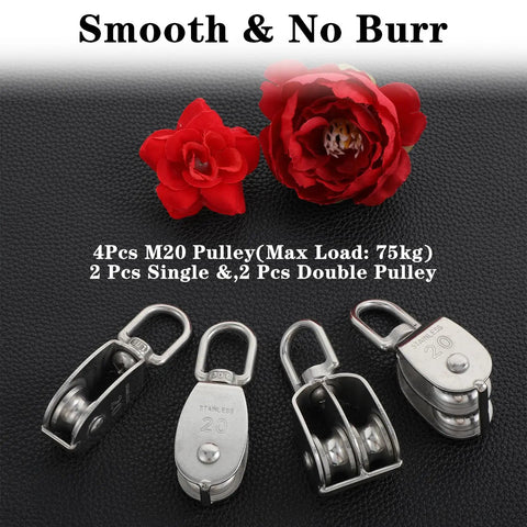 4 Pack M20 Lifting Single Pulley Block With 304 Stainless Steel Construction displayed with red flowers