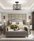 Farmhouse Crystal Round Semi Flush Mount Light With Drum Shade Black Finish 3 Light Ceiling Lamp in elegant bedroom setting