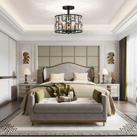 Farmhouse Crystal Round Semi Flush Mount Light With Drum Shade Black Finish 3 Light Ceiling Lamp in elegant bedroom setting