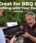 Japanese Stainless Steel Chef Knife 6.3 Inch Professional Kitchen Prep Tool Razor Sharp Blade in gift box, shown by two men at a BBQ.