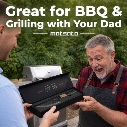 Japanese Stainless Steel Chef Knife 6.3 Inch Professional Kitchen Prep Tool Razor Sharp Blade in gift box, shown by two men at a BBQ.