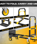 3 In 1 Convertible Hand Truck Dolly With Adjustable Handle Expandable Base And Collapsible Cart Converts Between Two Wheel Upright And Four Wheel Dolly 600 Lbs Capacity Heavy Duty Built To Haul Yellow Two Pack, 360° wheels, carbon steel