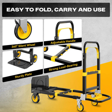 3 In 1 Convertible Hand Truck Dolly With Adjustable Handle Expandable Base And Collapsible Cart Converts Between Two Wheel Upright And Four Wheel Dolly 600 Lbs Capacity Heavy Duty Built To Haul Yellow Two Pack, 360° wheels, carbon steel