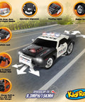 Rechargeable Police RC Car For Kids With Lights And Siren, 2.4GHz Remote Control Toy on road with features highlighted