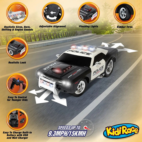Rechargeable Police RC Car For Kids With Lights And Siren, 2.4GHz Remote Control Toy on road with features highlighted