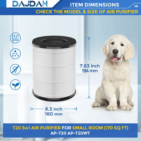 Image of AP-T20FL Replacement Filters For Total Clean 5 In 1 Tower Air Purifier AP-T20 AP-T20W 2 Pack, filter dimensions shown.