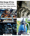 Worm gear hose clamps, 304 stainless steel adjustable pipe clamps; shown on industrial, ship pipelines and garden hoses.