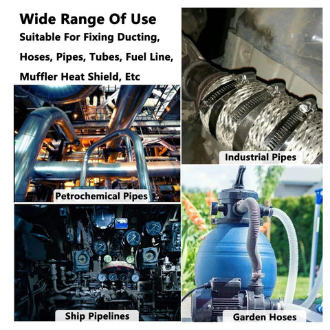 Worm gear hose clamps, 304 stainless steel adjustable pipe clamps; shown on industrial, ship pipelines and garden hoses.