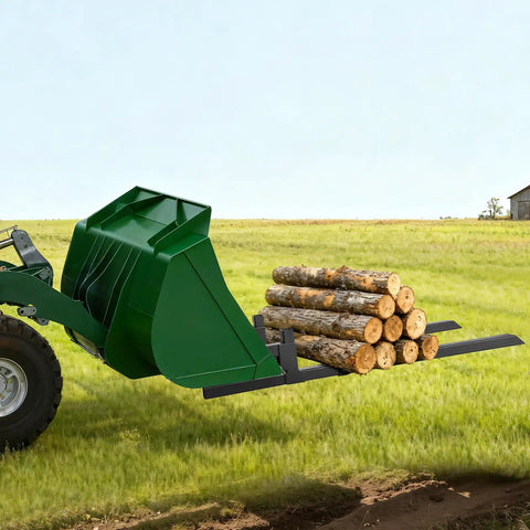 Beefy Clamp On Pallet Forks 60 Inch Long 2000 Lb Capacity For Tractors Loader Buckets And Skid Steers Adjustable Stabilizer Bar in use