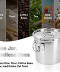 Heavy Duty 304 Stainless Steel Airtight Food Storage Container With Locking Lid And Clips Hella Spacious 33 Liters Canister For Rice Flour Sugar Grains Keeps Pantry Goods Fresh Without Any Mess Today, shown with various stored items.