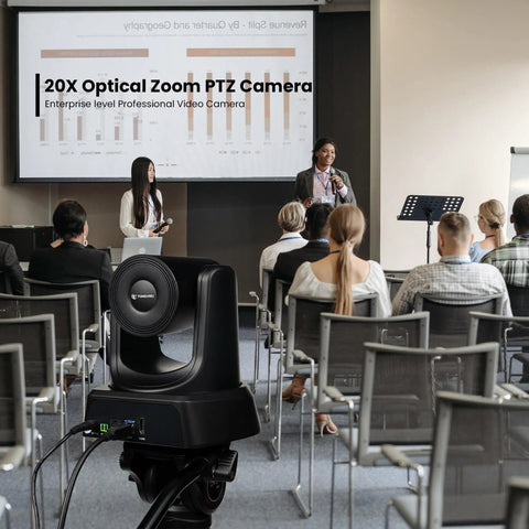 Smart PtZ Camera With 20x Optical Zoom And AI Auto Tracking Offers Crisp 1080p 60fps HDMI USB Output capturing a presentation in a conference.