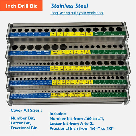 Premium Quality Industrial Grade Drill Bit Organizer Storage Box With 118 Precision Holes And Easy Reference Chart showing stainless steel design with precision slots.