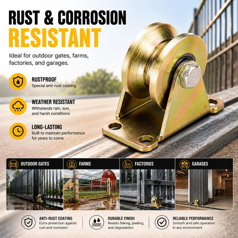Heavy Duty 4 Inch V Groove Caster Wheel Set For Square Metal Tracks Packing Serious 1765 Lb Capacity Per Wheel Rust Proof Galvanized Steel Pulleys 2 Pack mounted on metal track outdoors.
