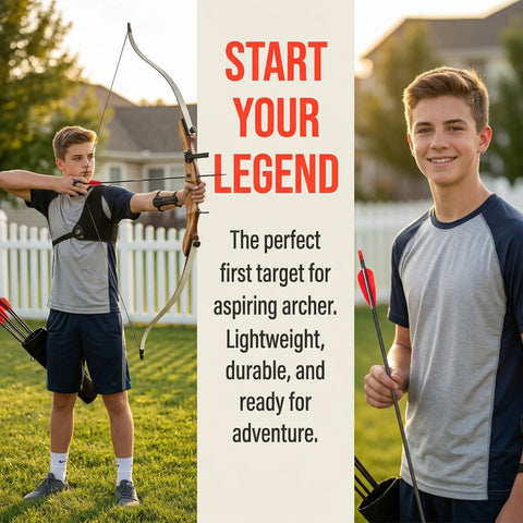 Young archer aiming bow, archery target for bow and arrows portable lightweight practice target with high visibility.