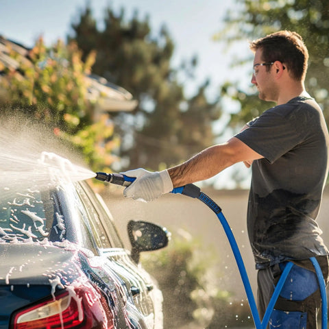 Man using 50 Ft High Pressure Washer Hose 3600 PSI Flexible And Kink Resistant Replacement With One Quarter Inch Quick Connect on car