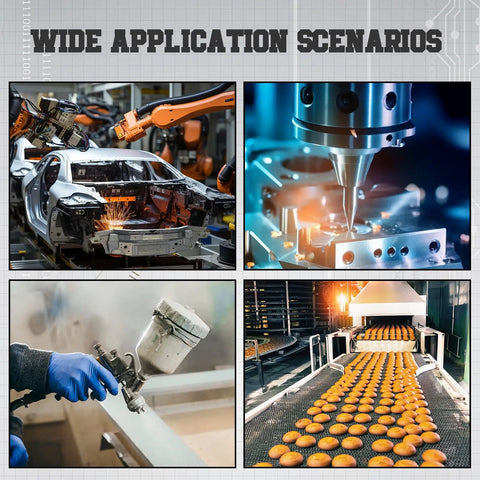 Diverse industrial uses of a Half Inch NPT Industrial Air Compressor Dryer with filters, including automotive and manufacturing processes.