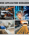 Various industrial applications including robotics, CNC machining, spray painting, and food production.