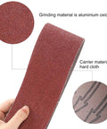 Close-up of 3x18 inch sanding belt showing aluminum oxide grain and hard cloth backing; part of 3X18 Inch Sanding Belt Set With 21 Belts Aluminum Oxide Paper For Sander Woodworking Assorted Grit 40 60 80 120 180 240 320 Fits Most 18x3 Sanders Great For DIYers And Pros.
