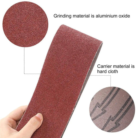 Close-up of 3x18 inch sanding belt showing aluminum oxide grain and hard cloth backing; part of 3X18 Inch Sanding Belt Set With 21 Belts Aluminum Oxide Paper For Sander Woodworking Assorted Grit 40 60 80 120 180 240 320 Fits Most 18x3 Sanders Great For DIYers And Pros.