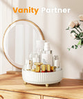 Keep Your Counter Totally On Point With This Compact White 360 Rotating Lazy Susan Makeup Trunk Smart Bathroom Storage Rack For Perfumes And Favorites That Always Stays Within Reach on a wooden vanity.