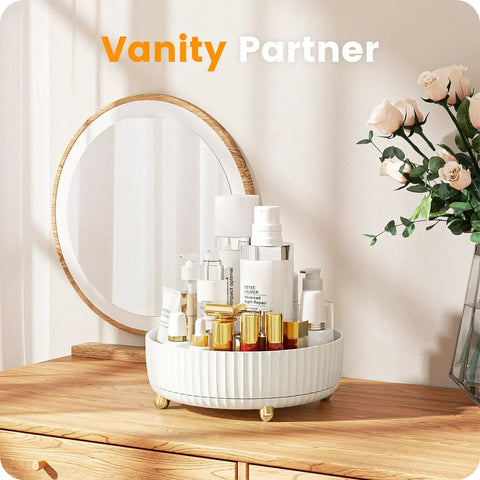 Keep Your Counter Totally On Point With This Compact White 360 Rotating Lazy Susan Makeup Trunk Smart Bathroom Storage Rack For Perfumes And Favorites That Always Stays Within Reach on a wooden vanity.