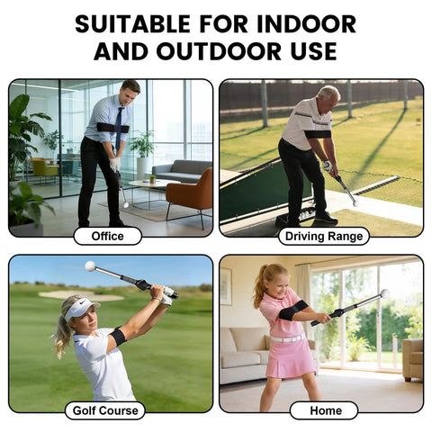 Retractable Golf Swing Trainer With Arm Band used by golfers in office, driving range, golf course, and home settings.