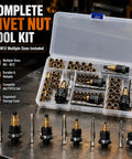 Heavy Duty Rivet Nut Tool Kit For M3 Through M12 77 Piece Carbon Steel Threaded Insert Set in organized storage case with multiple sizes.