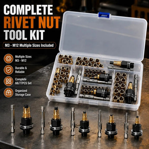 Heavy Duty Rivet Nut Tool Kit For M3 Through M12 77 Piece Carbon Steel Threaded Insert Set in organized storage case with multiple sizes.