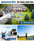 4K Camera Drone With GPS Auto Return over house, showcasing advanced GPS, fly safe features, Follow Me and Fly Around modes
