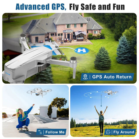 4K Camera Drone With GPS Auto Return over house, showcasing advanced GPS, fly safe features, Follow Me and Fly Around modes