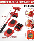 Heavy Duty No Sweat Furniture Lifter Tool Set With Adjustable Height, 4 Wheel Movers Sliders, Lifting Lever And Dolly, Red