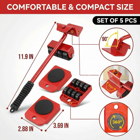Heavy Duty No Sweat Furniture Lifter Tool Set With Adjustable Height, 4 Wheel Movers Sliders, Lifting Lever And Dolly, Red