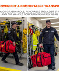 Firefighter carrying Arsenal 5005P Heavy Duty 1000D Polyester Firefighter Rescue Gear Bag With Shoulder Strap and Helmet Pocket