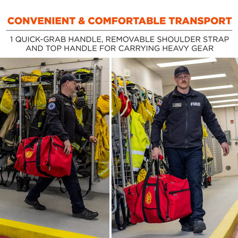 Firefighter carrying Arsenal 5005P Heavy Duty 1000D Polyester Firefighter Rescue Gear Bag With Shoulder Strap and Helmet Pocket