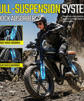 Rider on Beast Mode 1500W Peak Electric Fat Tire Bike For Adults, All Terrain 20x4.0, showcasing full-suspension shock absorbers