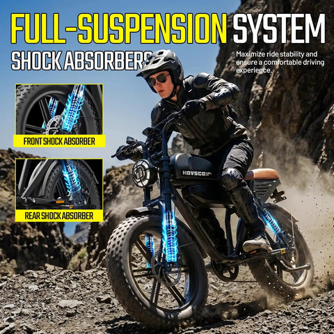 Rider on Beast Mode 1500W Peak Electric Fat Tire Bike For Adults, All Terrain 20x4.0, showcasing full-suspension shock absorbers