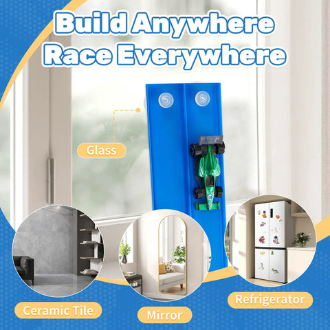 16 Ft Flexible Roll Up Race Car Track Set With Suction Cups on window glass, demo on tile, mirror, fridge surfaces