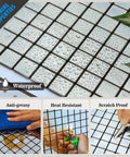 10 Sheet Stainless Steel Peel And Stick Backsplash Tiles For Kitchen 3D Plaid Silver Accent Wall Panels Waterproof Heat Resistant Dope Modern Upgrade For Easy DIY Install showing waterproof, heat resistant, and scratch proof features