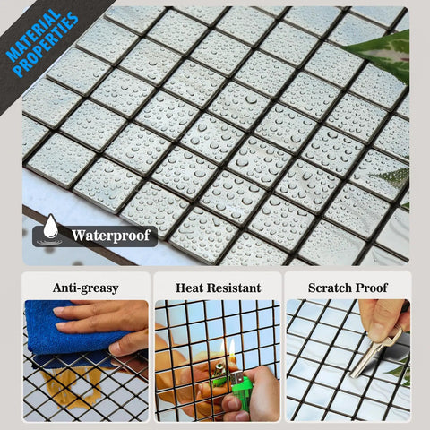 10 Sheet Stainless Steel Peel And Stick Backsplash Tiles For Kitchen 3D Plaid Silver Accent Wall Panels Waterproof Heat Resistant Dope Modern Upgrade For Easy DIY Install showing waterproof, heat resistant, and scratch proof features