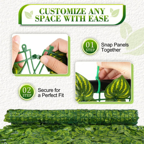 Hands showing assembly process of Artificial Ivy Privacy Fence Screen Set 120 By 40 Inches with vented base grid panels.
