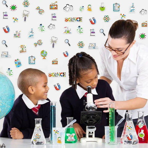 Children and teacher using microscope with Epic 300 Piece Science Foam Stickers Set Self Adhesive Chemistry Biology Physics Lab Decals