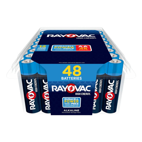 Close-up of High Energy AA Batteries 48 Pack Alkaline Double A Power For Toys Flashlights Remotes And More in packaging