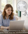 Woman using laptop with Three Pack EU To US Plug Adapters For European To American Outlets attached to wall socket in home setting.